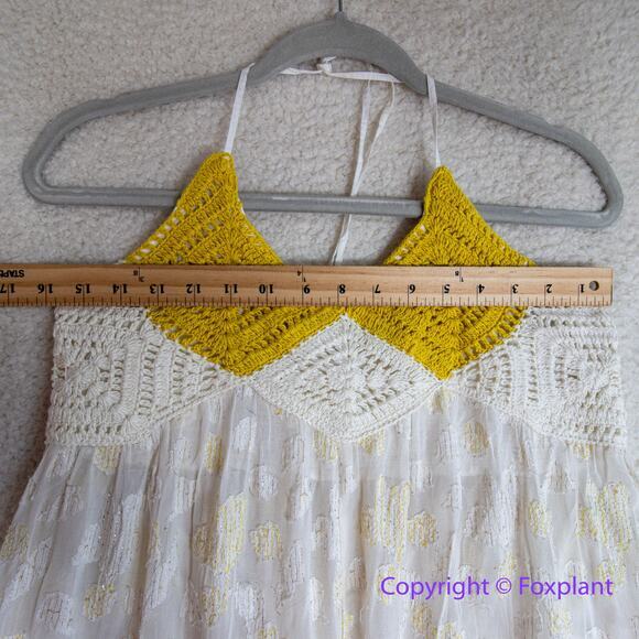New! Free People Women's Crochet‎ Halter Yellow Bell Tunic Ivory Combo, size L - Picture 3 of 11